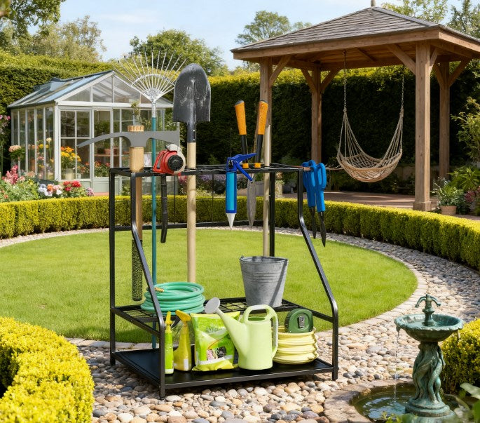 Multi-Purpose Garden Tool Organizer,3-Tier Yard Tool Storage Rack,with Hooks for Long-Handled,Broom,Shovel