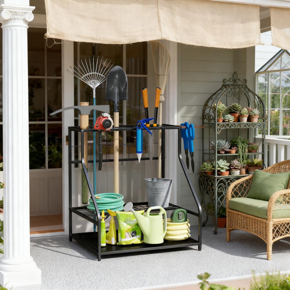 Multi-Purpose Garden Tool Organizer,3-Tier Yard Tool Storage Rack,with Hooks for Long-Handled,Broom,Shovel