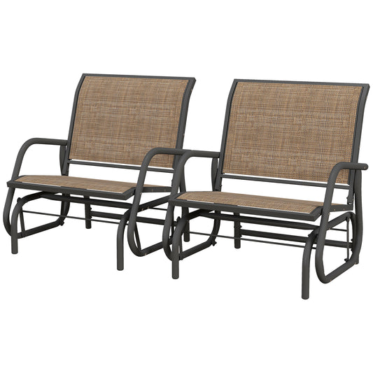 Outsunny Porch Glider Set of 2, Metal Frame Swing Glider Chairs with Breathable Mesh Fabric, Curved Armrests and Steel Frame for Garden, Poolside, Backyard, Balcony, Light Mixed Brown
