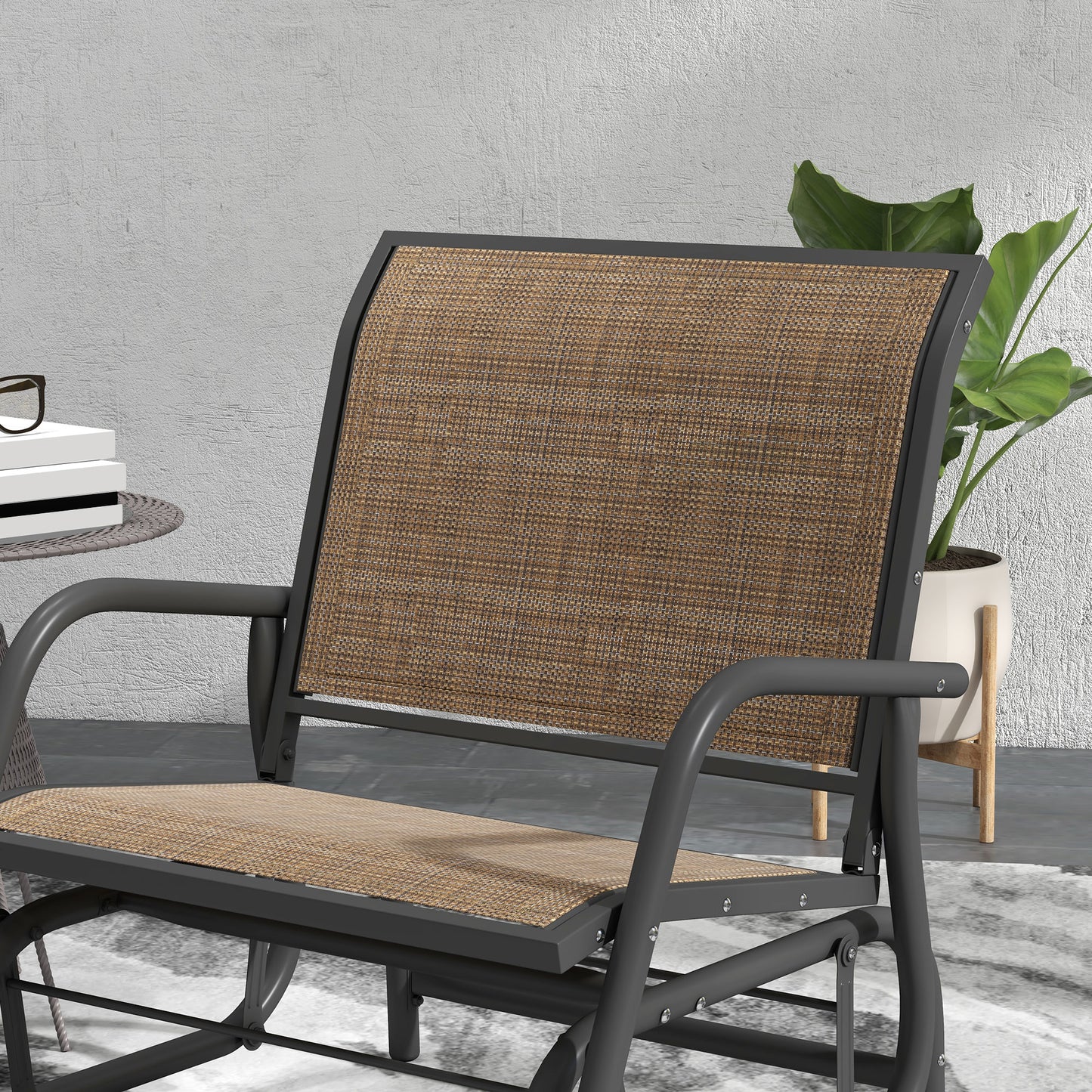 Outsunny Porch Glider Set of 2, Metal Frame Swing Glider Chairs with Breathable Mesh Fabric, Curved Armrests and Steel Frame for Garden, Poolside, Backyard, Balcony, Light Mixed Brown