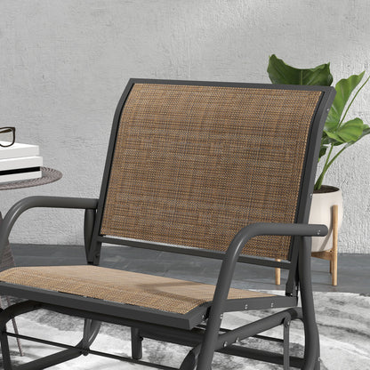 Outsunny Porch Glider Set of 2, Metal Frame Swing Glider Chairs with Breathable Mesh Fabric, Curved Armrests and Steel Frame for Garden, Poolside, Backyard, Balcony, Light Mixed Brown