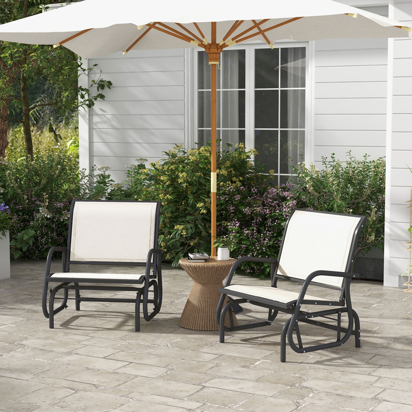Outsunny Porch Glider Set of 2, Metal Frame Swing Glider Chairs with Breathable Mesh Fabric, Curved Armrests and Steel Frame for Garden, Poolside, Backyard, Balcony, Cream White