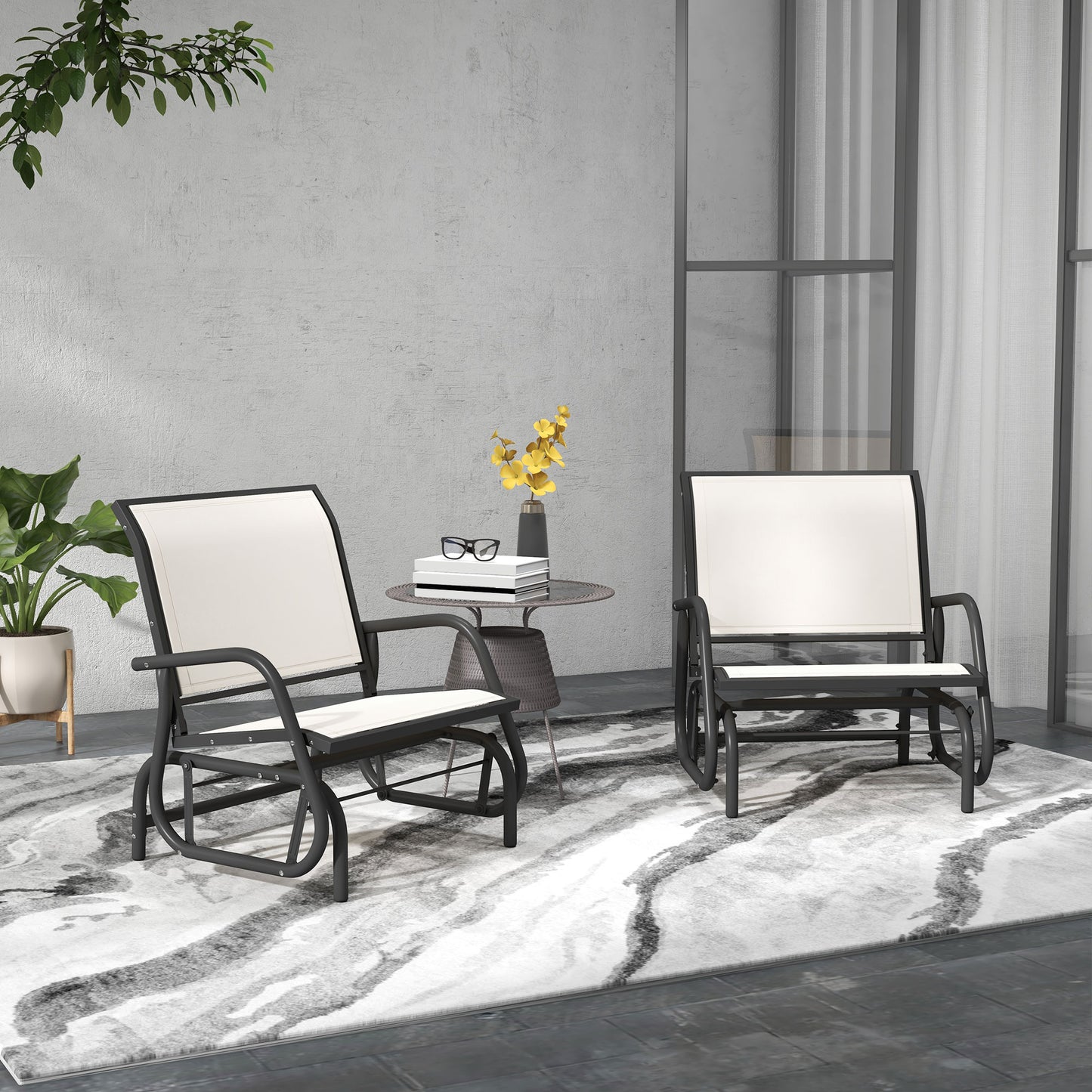 Outsunny Porch Glider Set of 2, Metal Frame Swing Glider Chairs with Breathable Mesh Fabric, Curved Armrests and Steel Frame for Garden, Poolside, Backyard, Balcony, Cream White