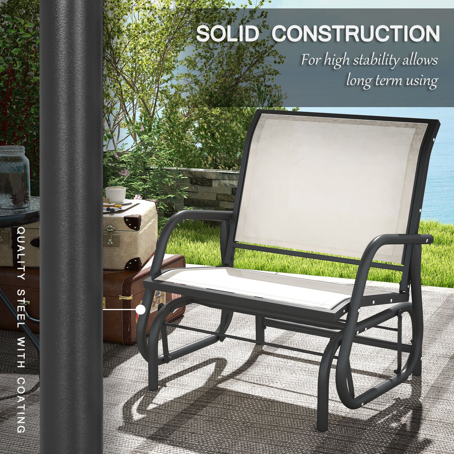Outsunny Porch Glider Set of 2, Metal Frame Swing Glider Chairs with Breathable Mesh Fabric, Curved Armrests and Steel Frame for Garden, Poolside, Backyard, Balcony, Cream White