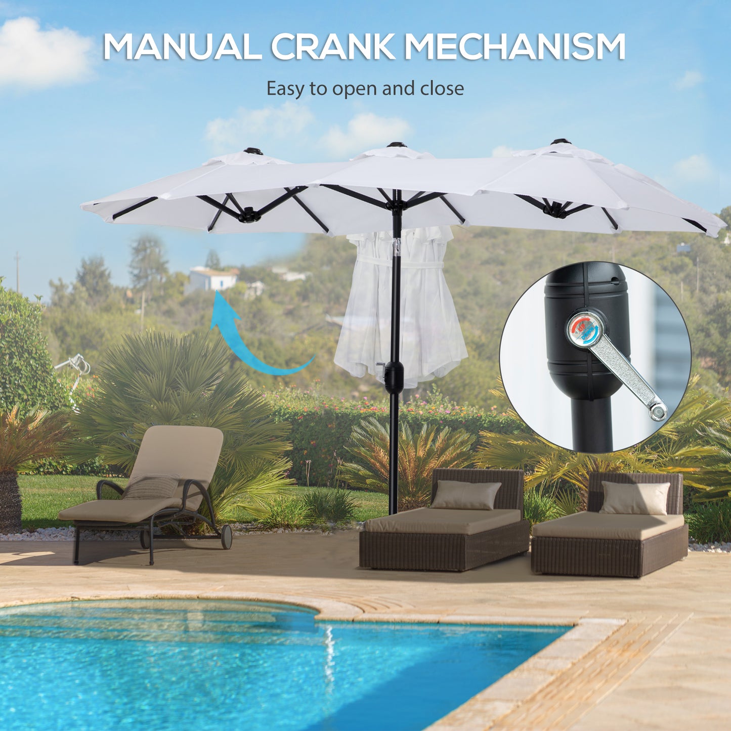 Outsunny Double-sided Patio Umbrella 9.5' Large Outdoor Market Umbrella with Push Button Tilt and Crank, 3 Air Vents and 12 Ribs, for Garden, Deck, Pool, White