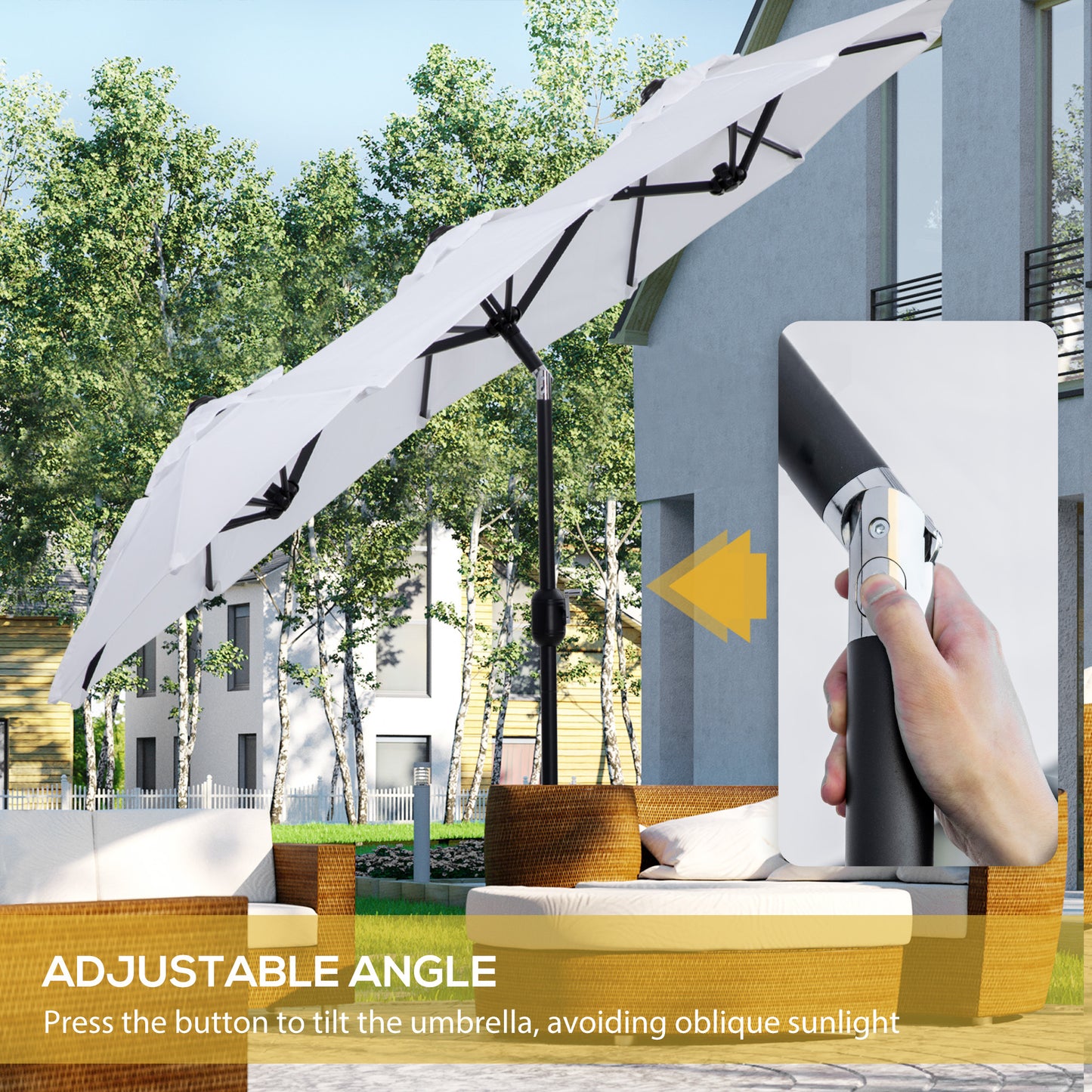 Outsunny Double-sided Patio Umbrella 9.5' Large Outdoor Market Umbrella with Push Button Tilt and Crank, 3 Air Vents and 12 Ribs, for Garden, Deck, Pool, White