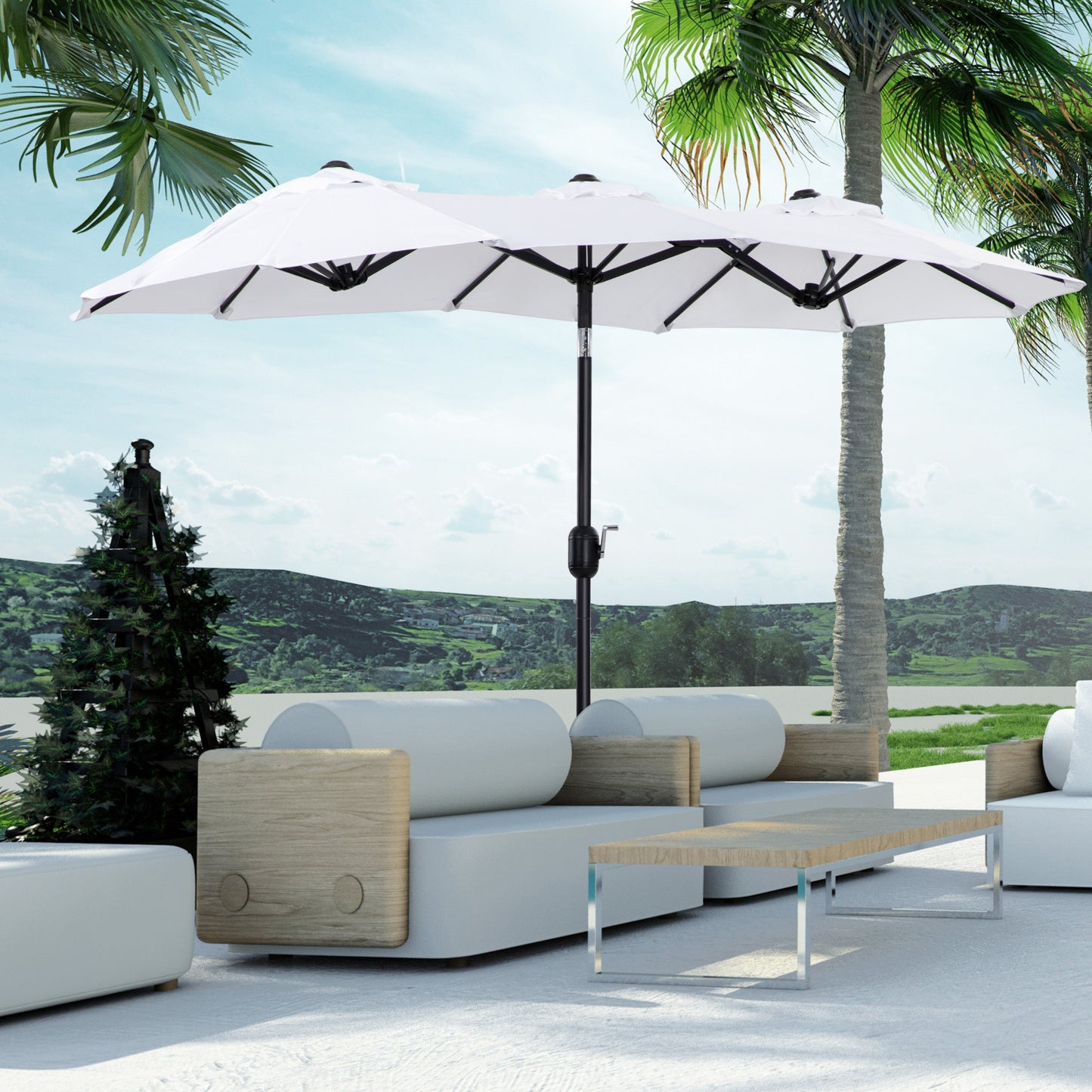 Outsunny Double-sided Patio Umbrella 9.5' Large Outdoor Market Umbrella with Push Button Tilt and Crank, 3 Air Vents and 12 Ribs, for Garden, Deck, Pool, White