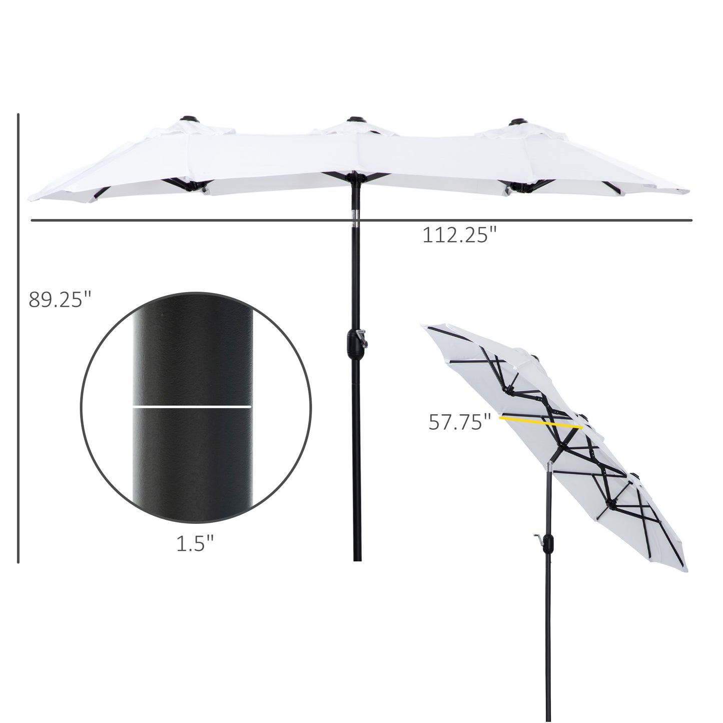 Outsunny Double-sided Patio Umbrella 9.5' Large Outdoor Market Umbrella with Push Button Tilt and Crank, 3 Air Vents and 12 Ribs, for Garden, Deck, Pool, White