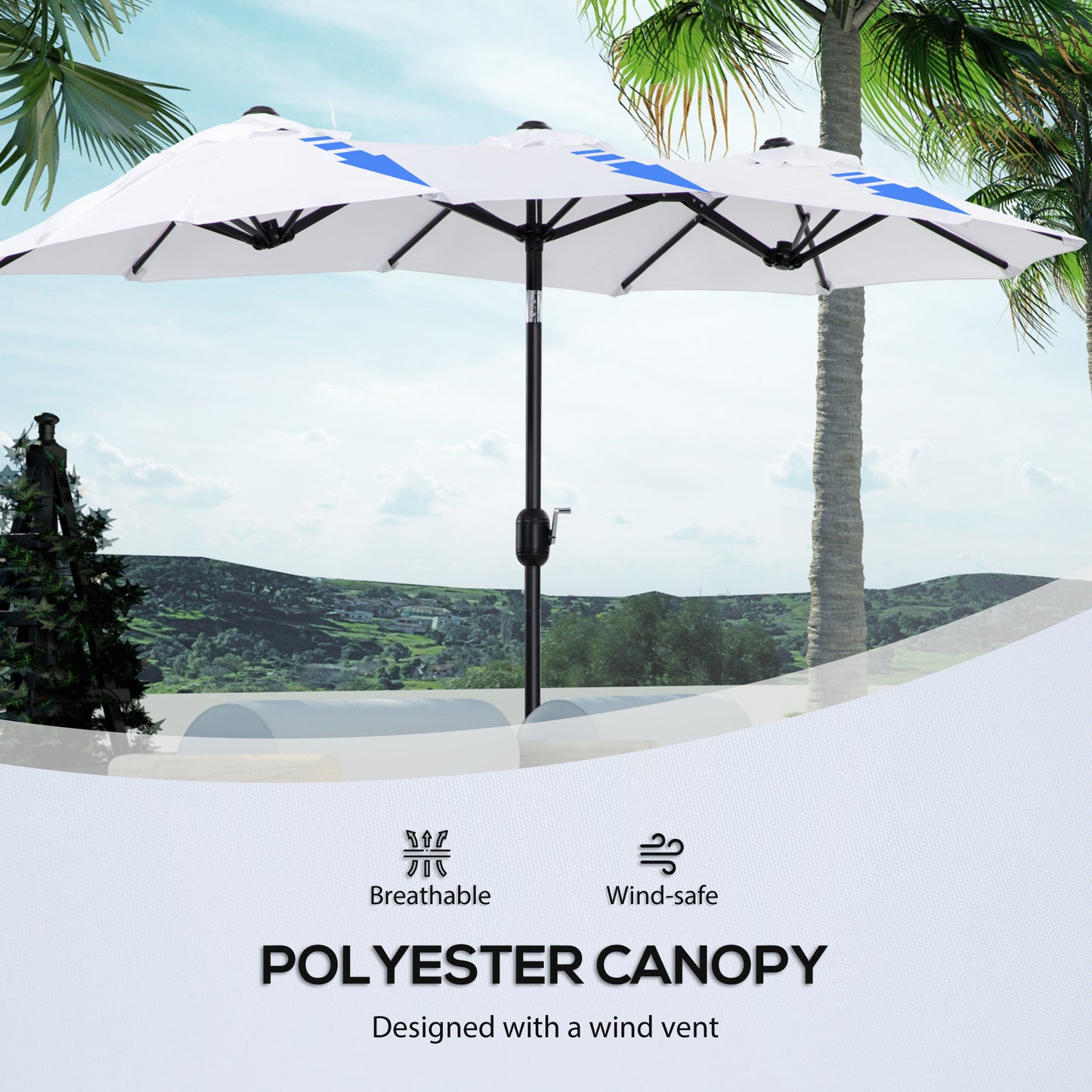 Outsunny Double-sided Patio Umbrella 9.5' Large Outdoor Market Umbrella with Push Button Tilt and Crank, 3 Air Vents and 12 Ribs, for Garden, Deck, Pool, White