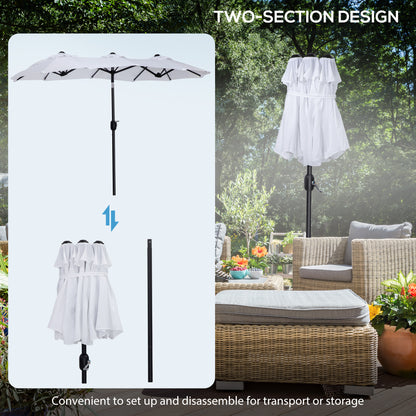Outsunny Double-sided Patio Umbrella 9.5' Large Outdoor Market Umbrella with Push Button Tilt and Crank, 3 Air Vents and 12 Ribs, for Garden, Deck, Pool, White