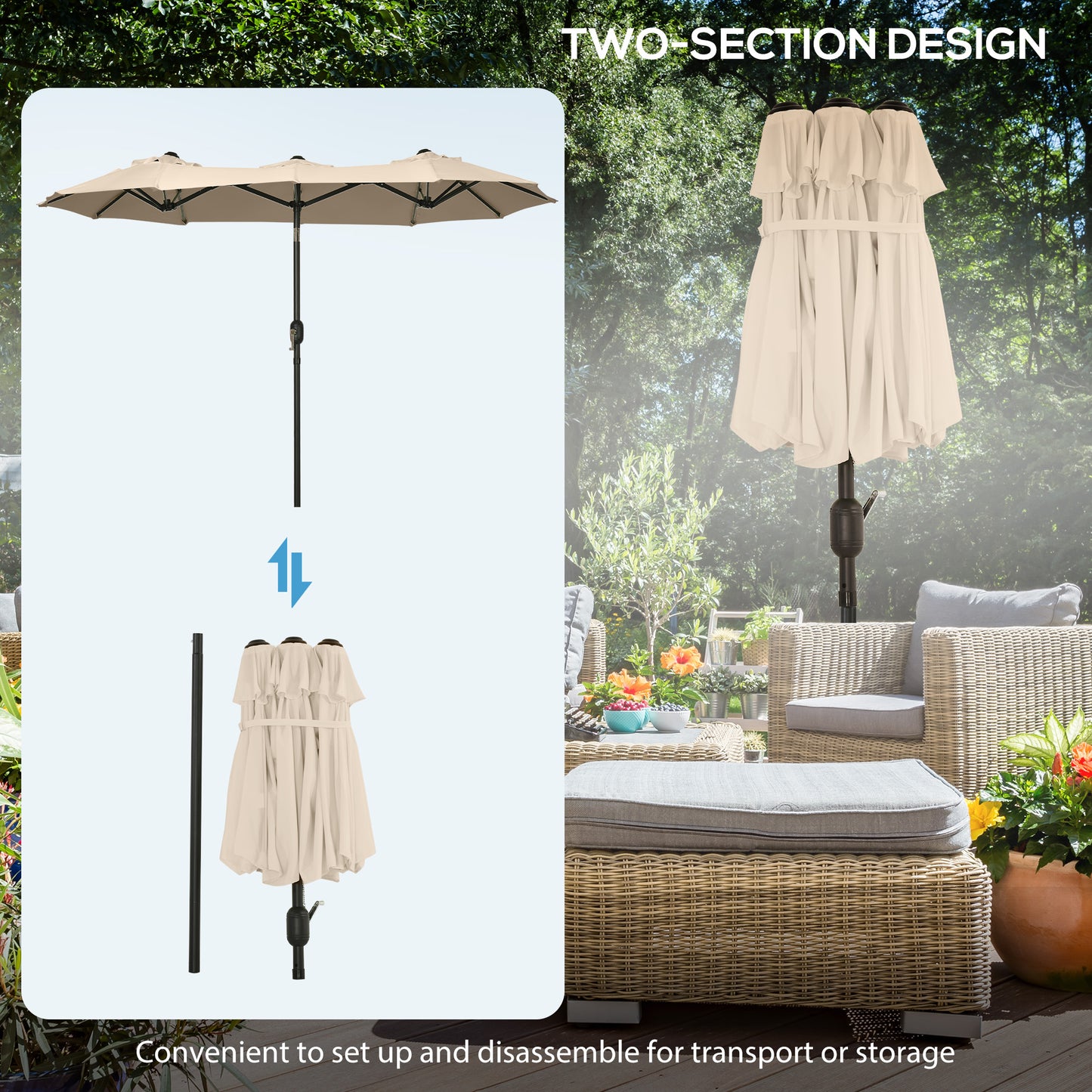 Outsunny Double-sided Patio Umbrella 9.5' Large Outdoor Market Umbrella with Push Button Tilt and Crank, 3 Air Vents and 12 Ribs, for Garden, Deck, Pool, Brown