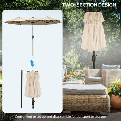 Outsunny Double-sided Patio Umbrella 9.5' Large Outdoor Market Umbrella with Push Button Tilt and Crank, 3 Air Vents and 12 Ribs, for Garden, Deck, Pool, Brown