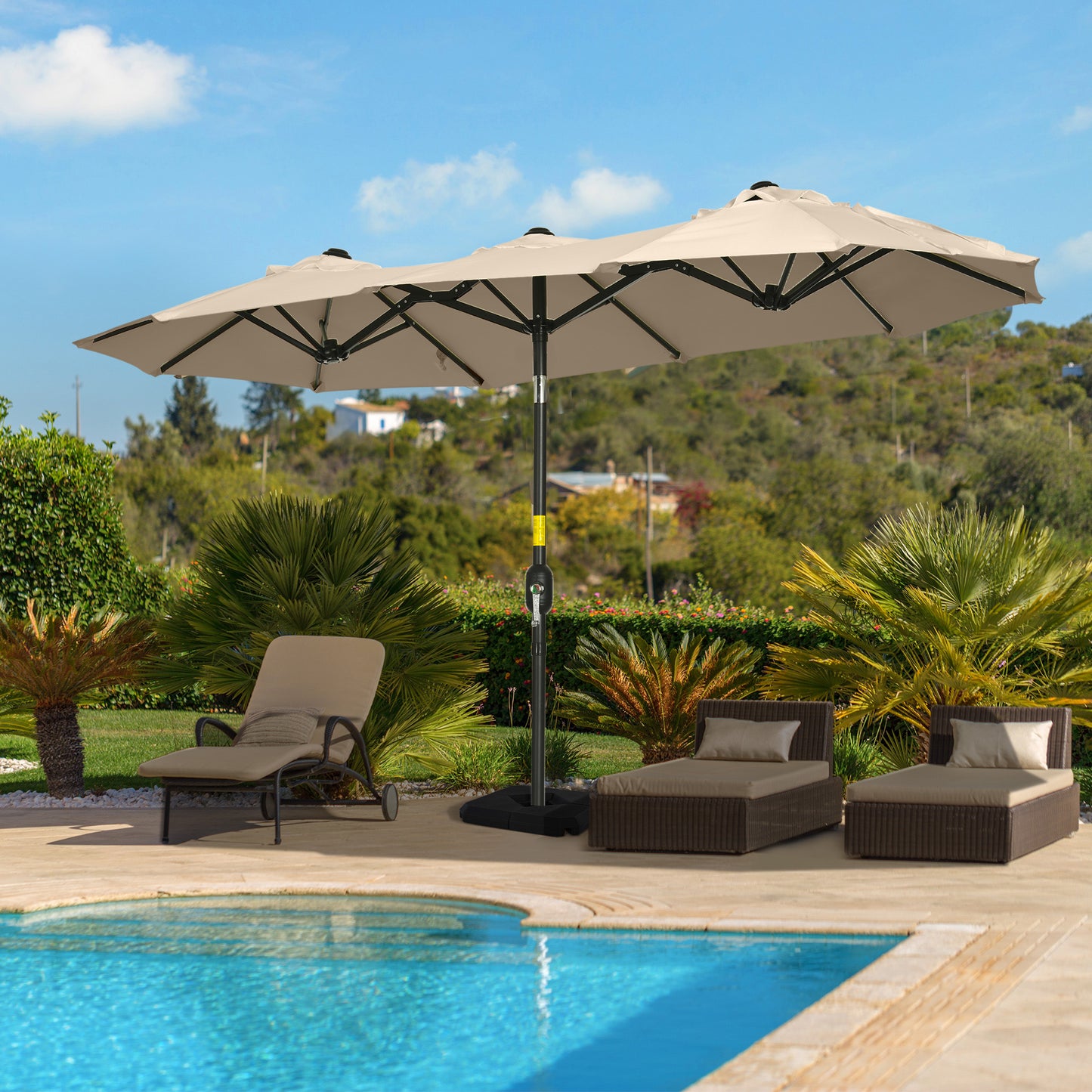 Outsunny Double-sided Patio Umbrella 9.5' Large Outdoor Market Umbrella with Push Button Tilt and Crank, 3 Air Vents and 12 Ribs, for Garden, Deck, Pool, Brown