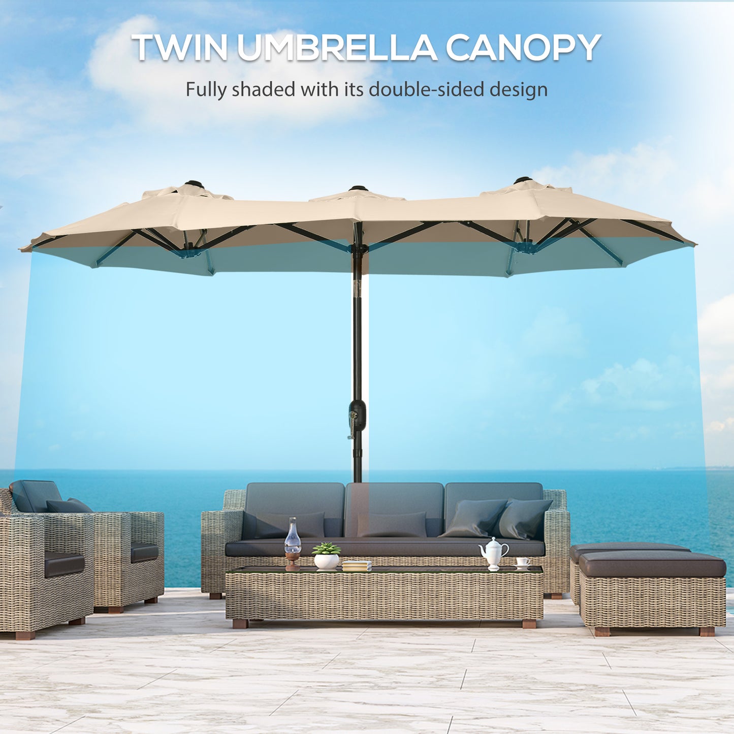 Outsunny Double-sided Patio Umbrella 9.5' Large Outdoor Market Umbrella with Push Button Tilt and Crank, 3 Air Vents and 12 Ribs, for Garden, Deck, Pool, Brown