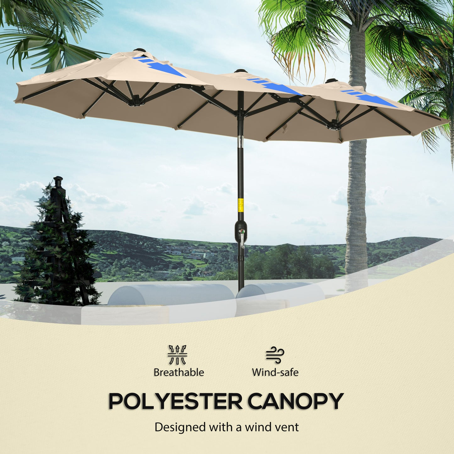 Outsunny Double-sided Patio Umbrella 9.5' Large Outdoor Market Umbrella with Push Button Tilt and Crank, 3 Air Vents and 12 Ribs, for Garden, Deck, Pool, Brown
