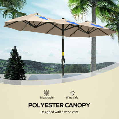 Outsunny Double-sided Patio Umbrella 9.5' Large Outdoor Market Umbrella with Push Button Tilt and Crank, 3 Air Vents and 12 Ribs, for Garden, Deck, Pool, Brown