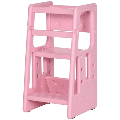 Qaba Toddler Tower with Adjustable Height, Toddler Kitchen Stool Helper with Anti-slip Mat, Step Stool for Kitchen, Bathroom, Pink