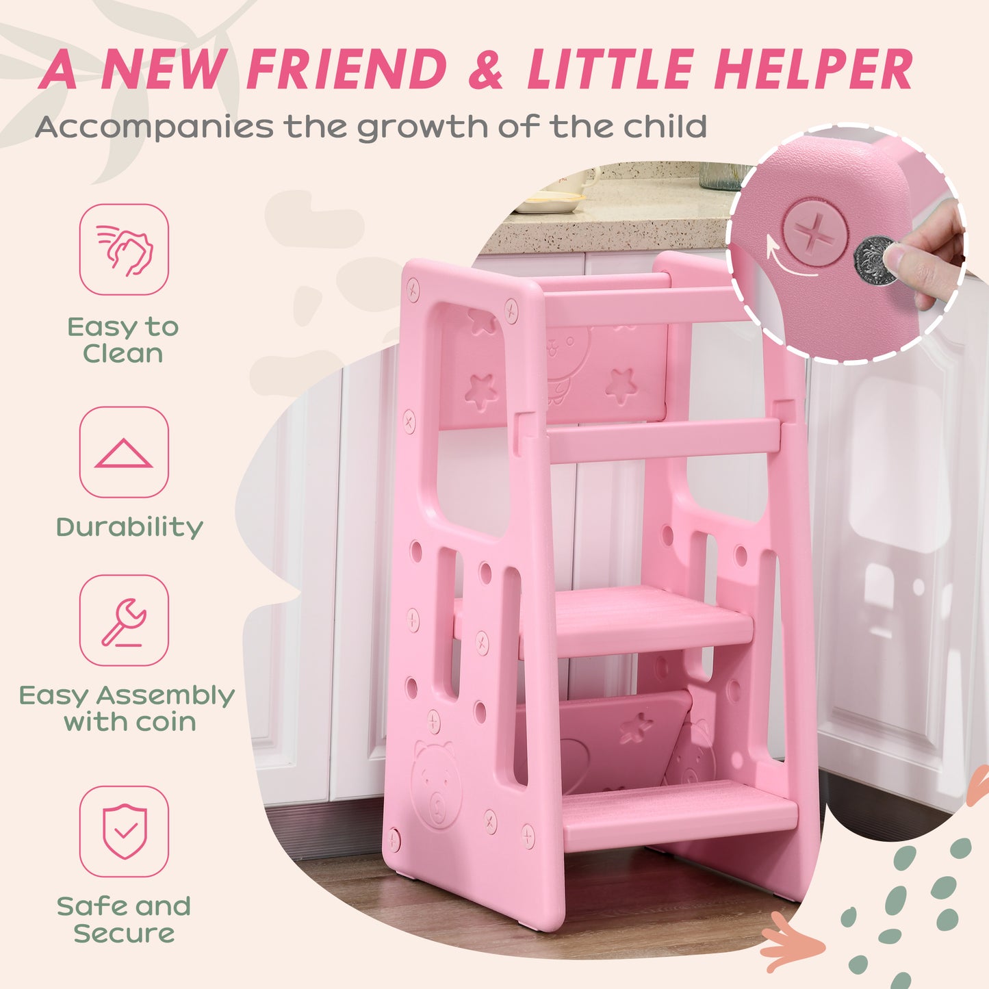 Qaba Toddler Tower with Adjustable Height, Toddler Kitchen Stool Helper with Anti-slip Mat, Step Stool for Kitchen, Bathroom, Pink