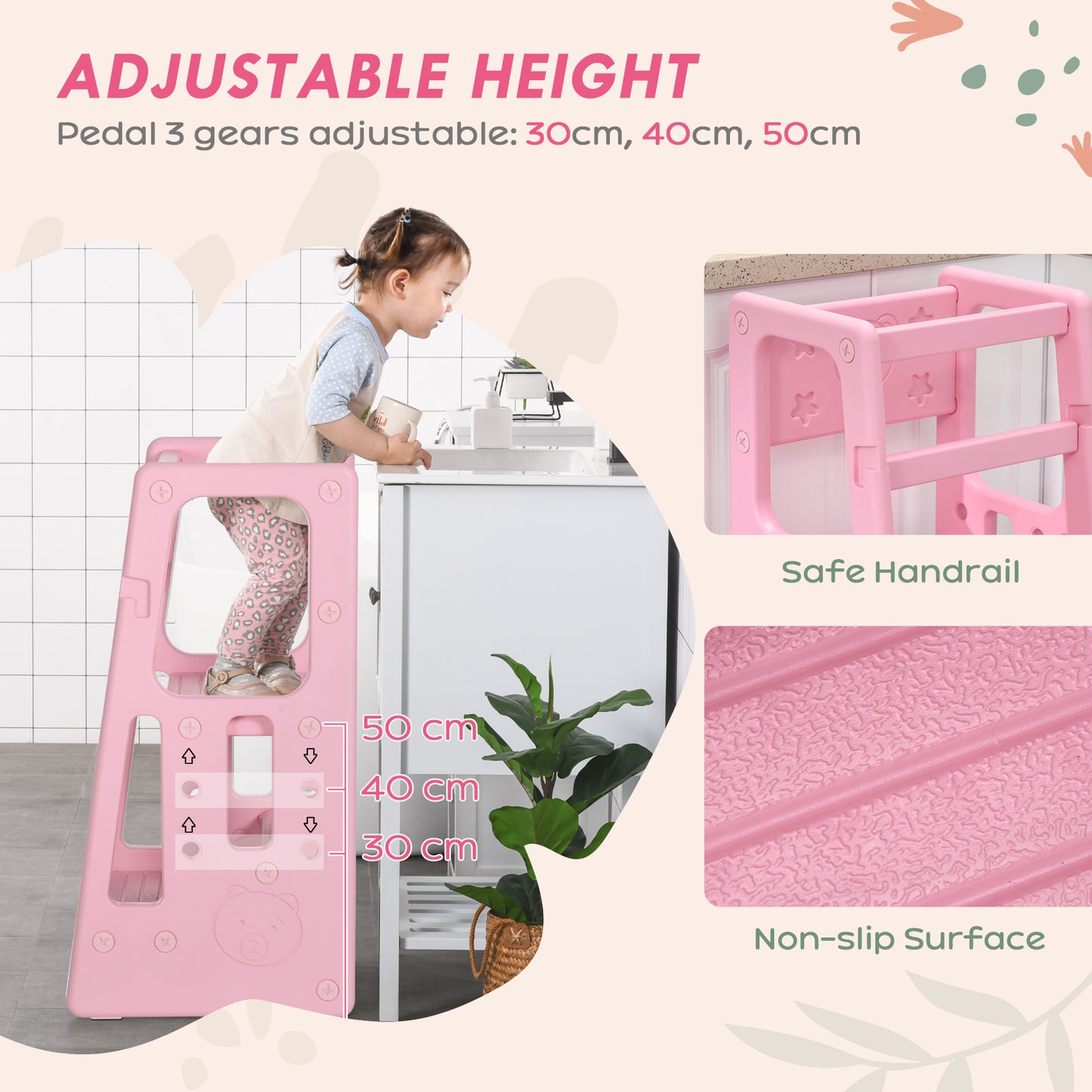 Qaba Toddler Tower with Adjustable Height, Toddler Kitchen Stool Helper with Anti-slip Mat, Step Stool for Kitchen, Bathroom, Pink