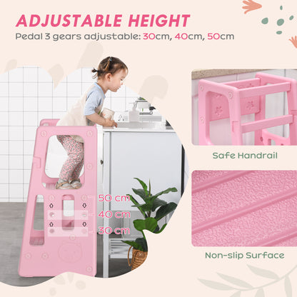 Qaba Toddler Tower with Adjustable Height, Toddler Kitchen Stool Helper with Anti-slip Mat, Step Stool for Kitchen, Bathroom, Pink