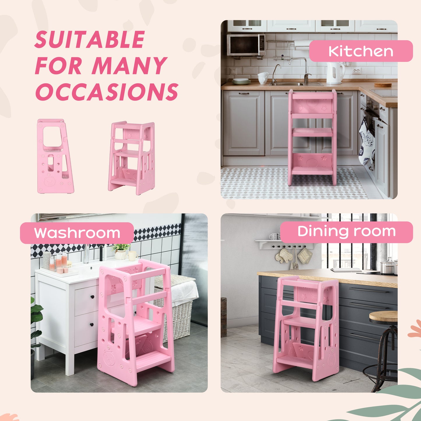 Qaba Toddler Tower with Adjustable Height, Toddler Kitchen Stool Helper with Anti-slip Mat, Step Stool for Kitchen, Bathroom, Pink