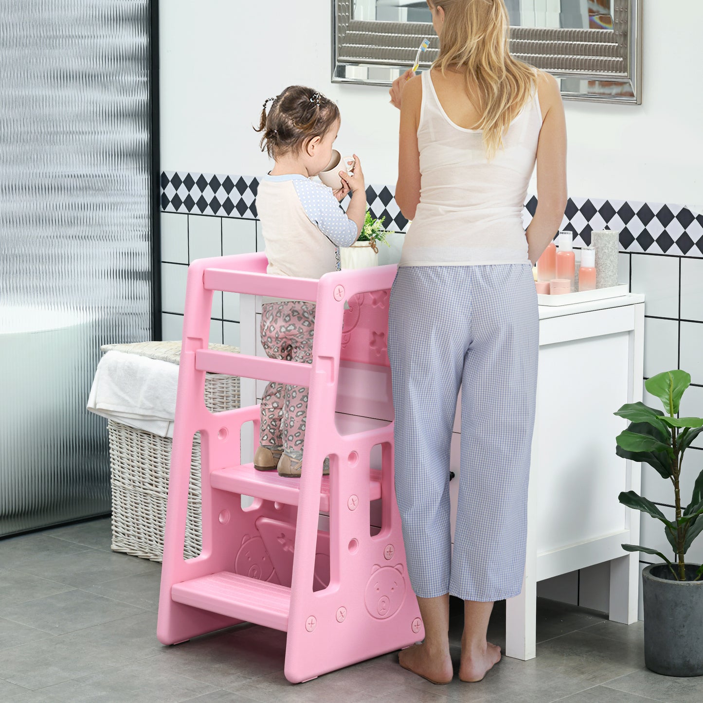 Qaba Toddler Tower with Adjustable Height, Toddler Kitchen Stool Helper with Anti-slip Mat, Step Stool for Kitchen, Bathroom, Pink