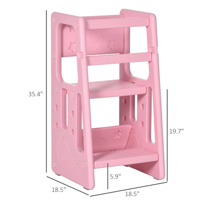 Qaba Toddler Tower with Adjustable Height, Toddler Kitchen Stool Helper with Anti-slip Mat, Step Stool for Kitchen, Bathroom, Pink