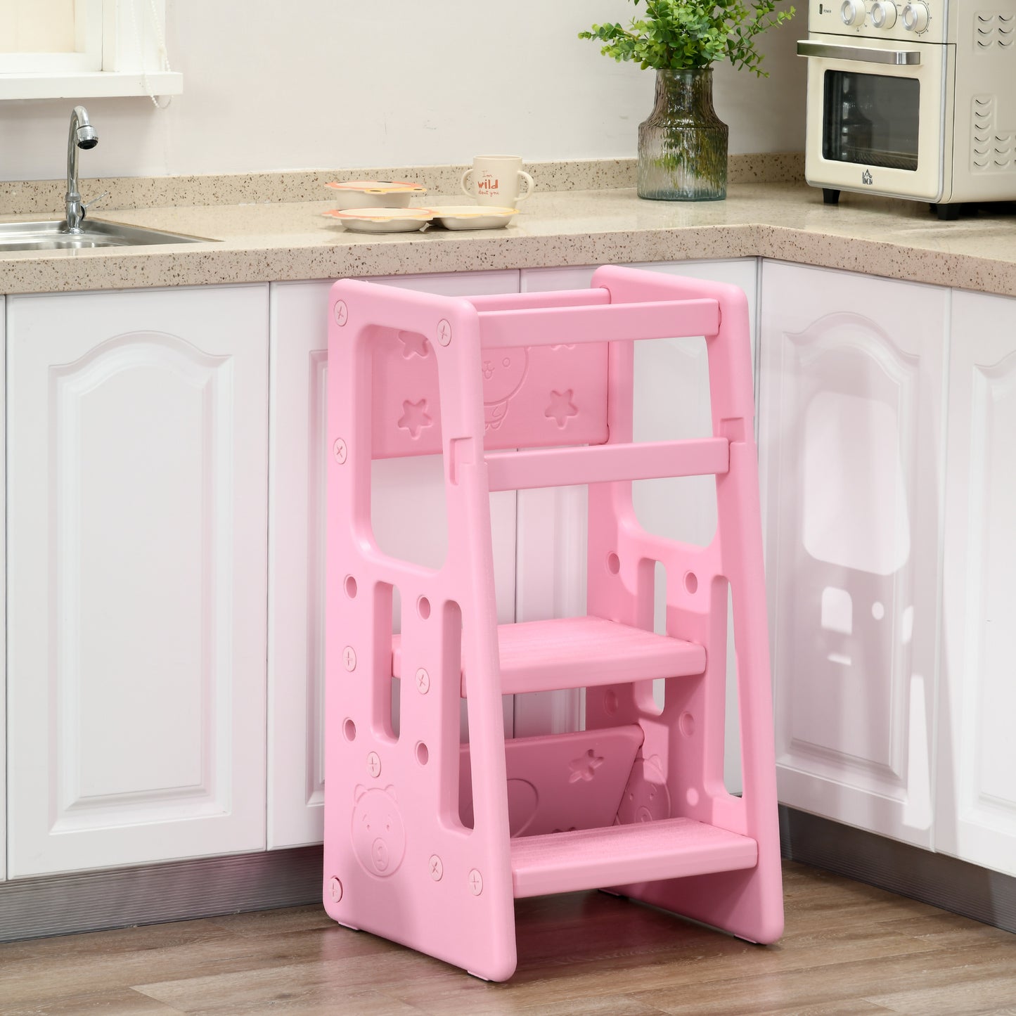 Qaba Toddler Tower with Adjustable Height, Toddler Kitchen Stool Helper with Anti-slip Mat, Step Stool for Kitchen, Bathroom, Pink
