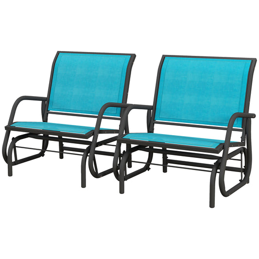 Outsunny Porch Glider Set of 2, Metal Frame Swing Glider Chairs with Breathable Mesh Fabric, Curved Armrests and Steel Frame for Garden, Poolside, Backyard, Balcony, Blue