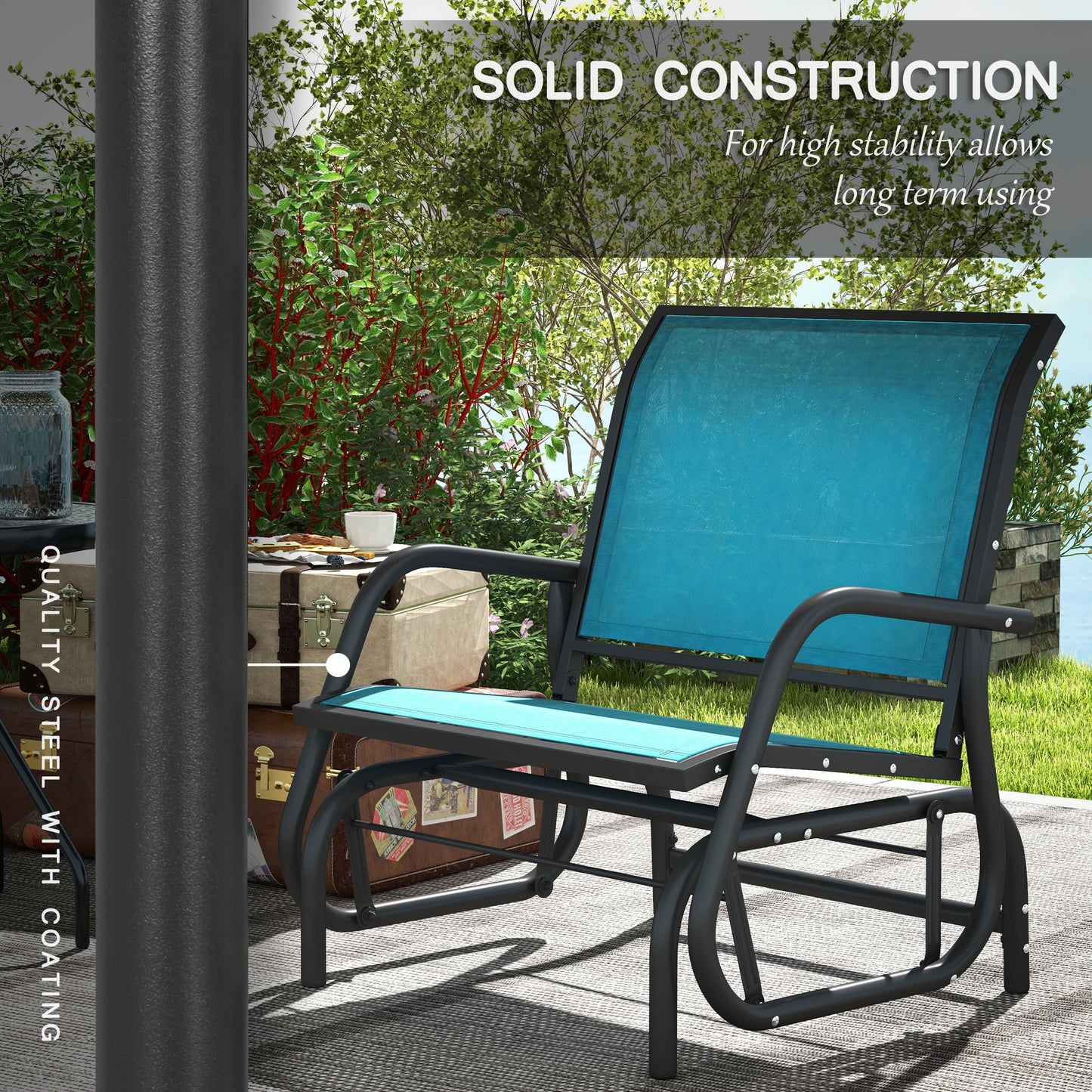 Outsunny Porch Glider Set of 2, Metal Frame Swing Glider Chairs with Breathable Mesh Fabric, Curved Armrests and Steel Frame for Garden, Poolside, Backyard, Balcony, Blue