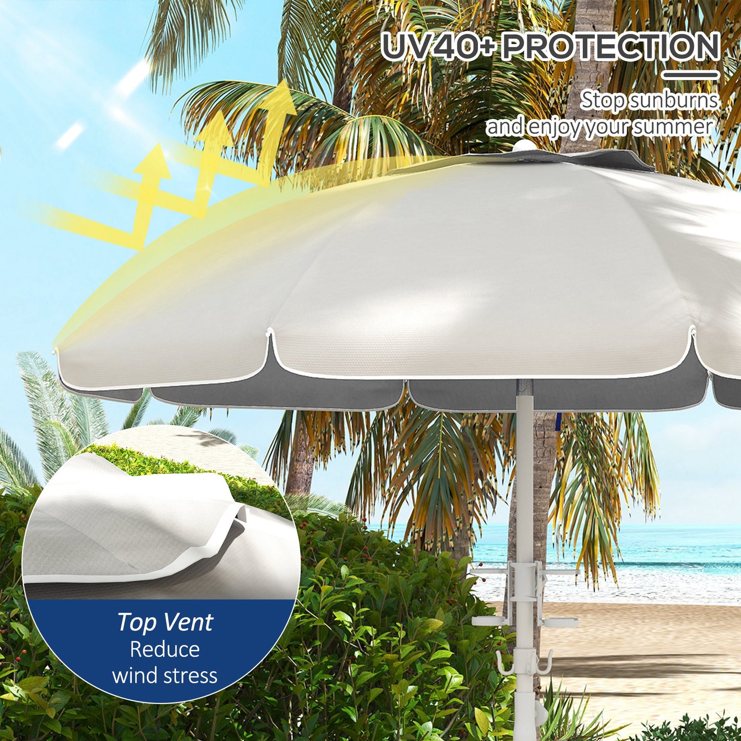 Outsunny 5.7' Portable Beach Umbrella with Tilt, Adjustable Height, 2 Cup Holders & Hooks, UV 40+ Ruffled Outdoor Umbrella with Vented Canopy, Cream White