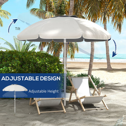 Outsunny 5.7' Portable Beach Umbrella with Tilt, Adjustable Height, 2 Cup Holders & Hooks, UV 40+ Ruffled Outdoor Umbrella with Vented Canopy, Cream White