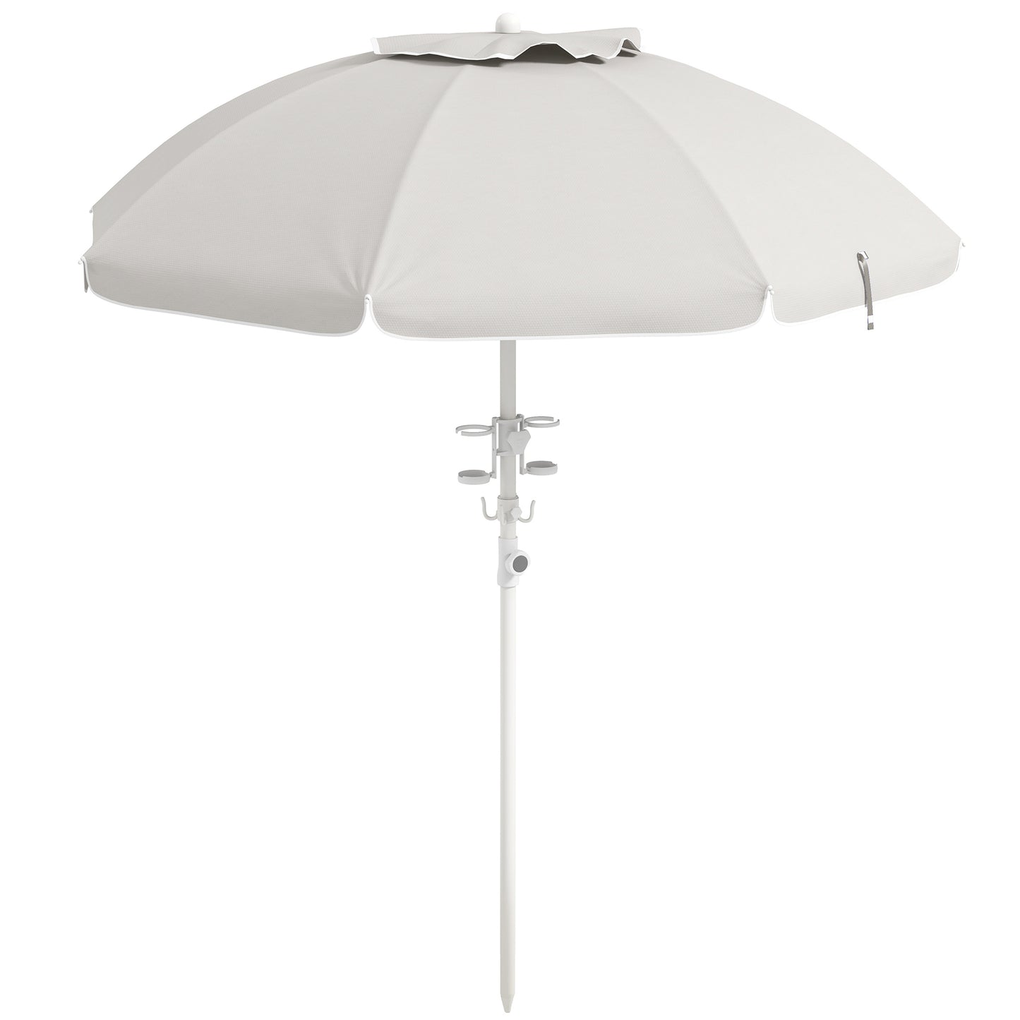 Outsunny 5.7' Portable Beach Umbrella with Tilt, Adjustable Height, 2 Cup Holders & Hooks, UV 40+ Ruffled Outdoor Umbrella with Vented Canopy, Cream White