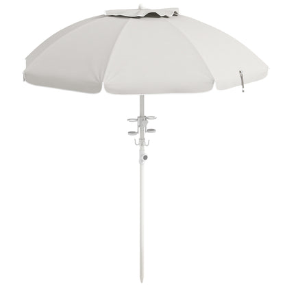 Outsunny 5.7' Portable Beach Umbrella with Tilt, Adjustable Height, 2 Cup Holders & Hooks, UV 40+ Ruffled Outdoor Umbrella with Vented Canopy, Cream White