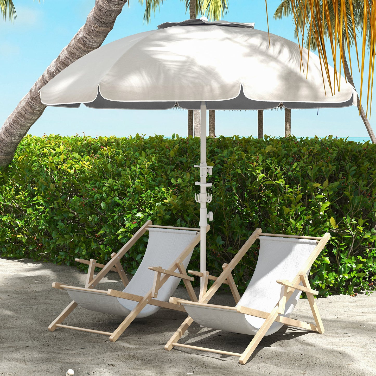 Outsunny 5.7' Portable Beach Umbrella with Tilt, Adjustable Height, 2 Cup Holders & Hooks, UV 40+ Ruffled Outdoor Umbrella with Vented Canopy, Cream White