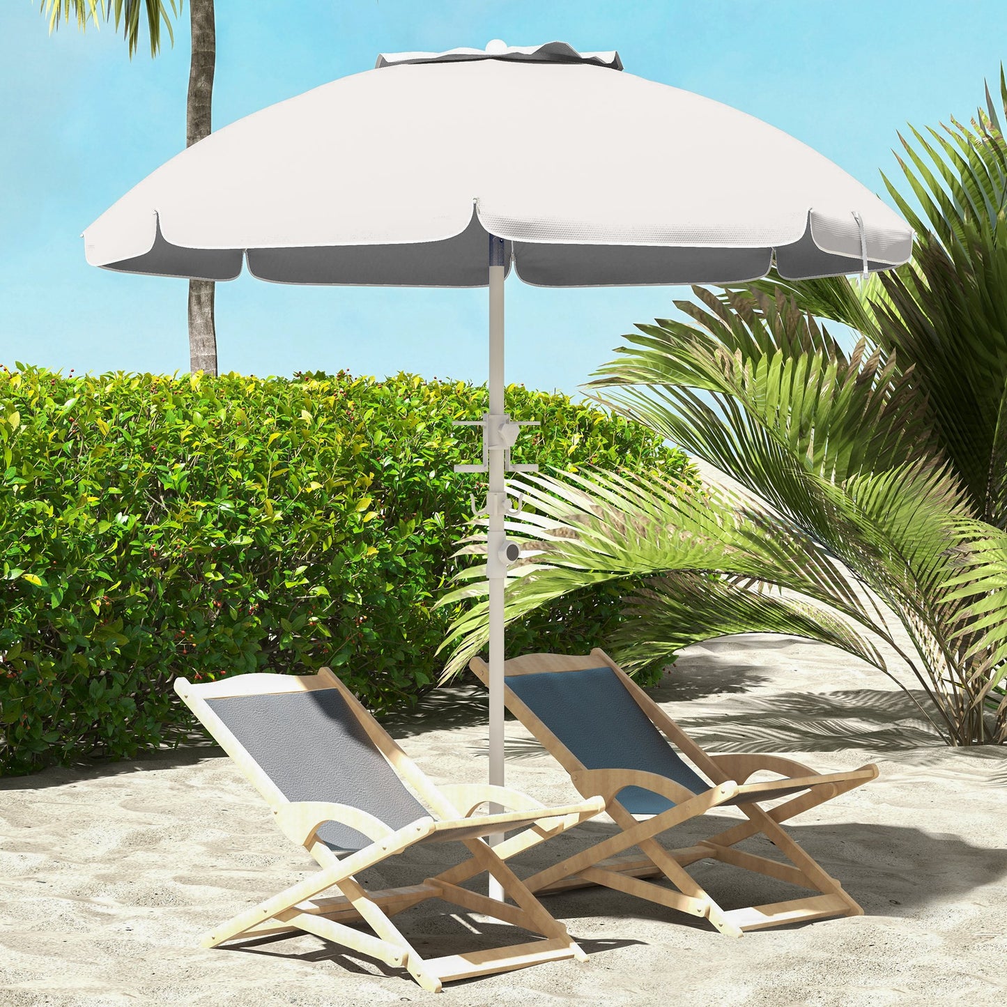 Outsunny 5.7' Portable Beach Umbrella with Tilt, Adjustable Height, 2 Cup Holders & Hooks, UV 40+ Ruffled Outdoor Umbrella with Vented Canopy, Cream White