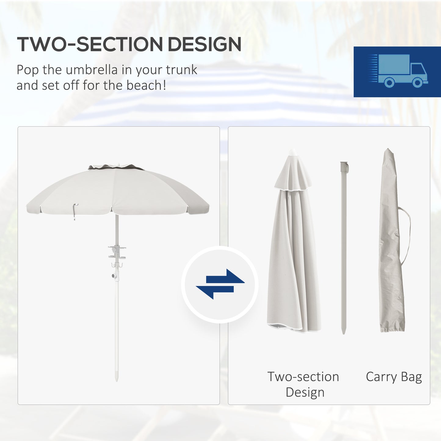 Outsunny 5.7' Portable Beach Umbrella with Tilt, Adjustable Height, 2 Cup Holders & Hooks, UV 40+ Ruffled Outdoor Umbrella with Vented Canopy, Cream White