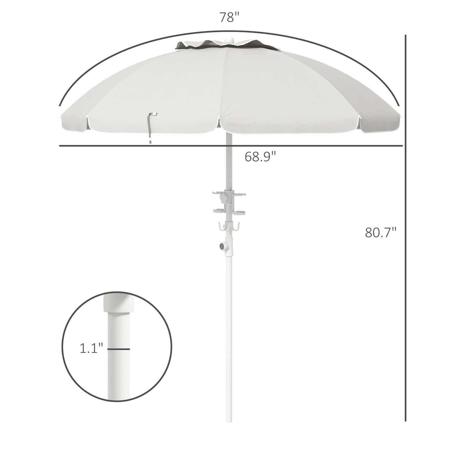 Outsunny 5.7' Portable Beach Umbrella with Tilt, Adjustable Height, 2 Cup Holders & Hooks, UV 40+ Ruffled Outdoor Umbrella with Vented Canopy, Cream White