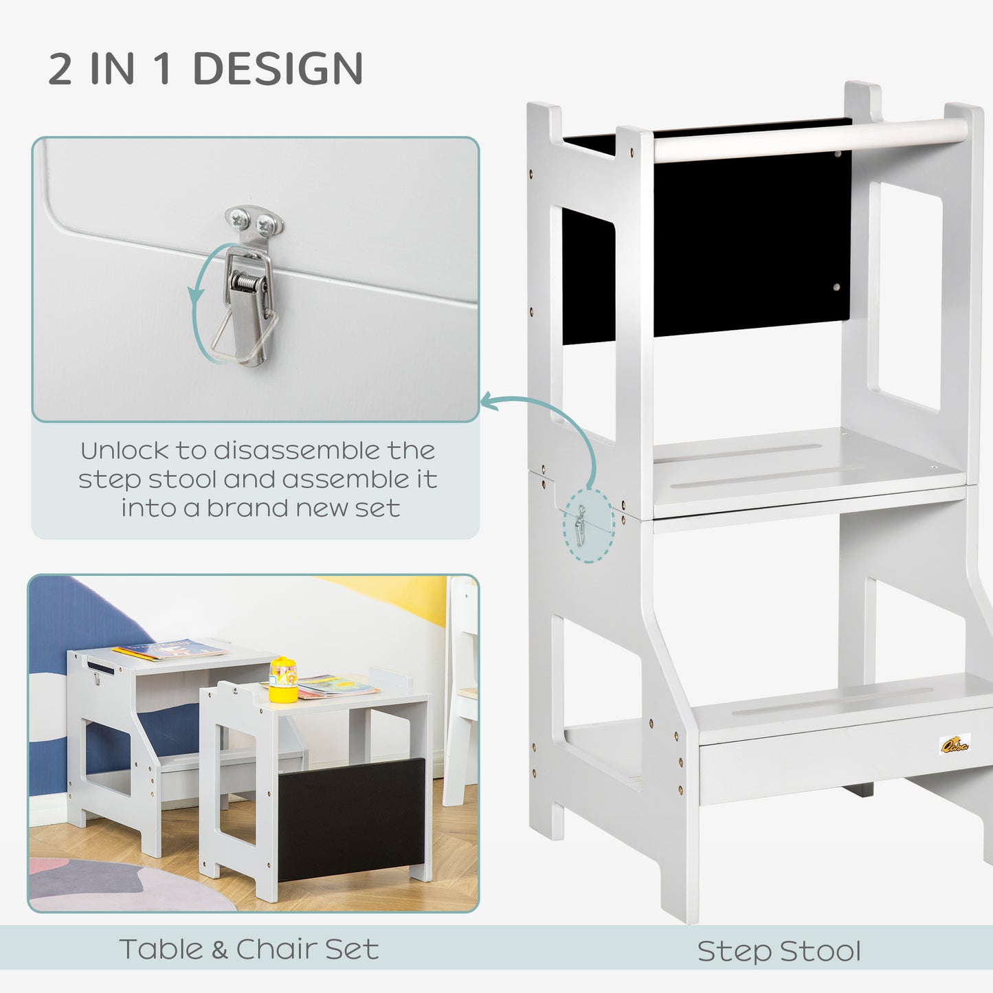 Qaba Kids Kitchen Step Stool, 2 in 1 Kitchen Table Set Toddler Standing Tower with Chalkboard, Safety Rail for Kitchen, Bathroom, Bedroom, Gray