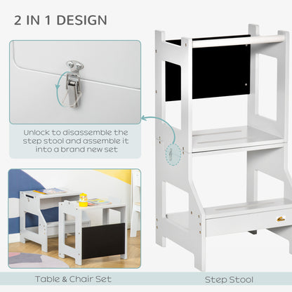 Qaba Kids Kitchen Step Stool, 2 in 1 Kitchen Table Set Toddler Standing Tower with Chalkboard, Safety Rail for Kitchen, Bathroom, Bedroom, Gray