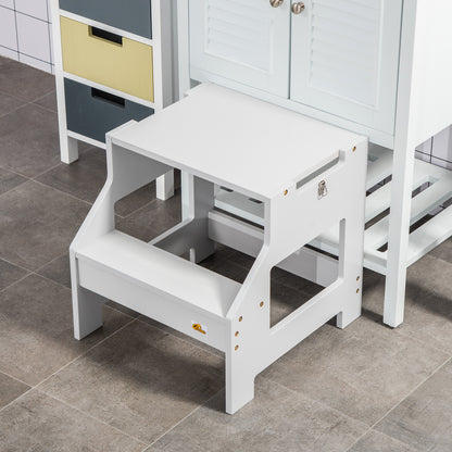 Qaba Kids Kitchen Step Stool, 2 in 1 Kitchen Table Set Toddler Standing Tower with Chalkboard, Safety Rail for Kitchen, Bathroom, Bedroom, Gray