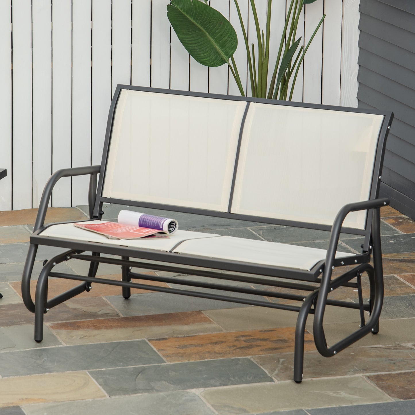 Outsunny 2-Person Outdoor Glider Bench, Patio Double Swing Rocking Chair Loveseat w/Powder Coated Steel Frame for Backyard Garden Porch, Beige