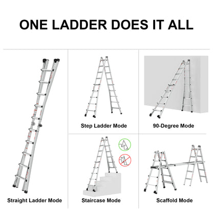 Aluminum Multi-Position Ladder with Wheels, 300 lbs Weight Rating, 22 FT