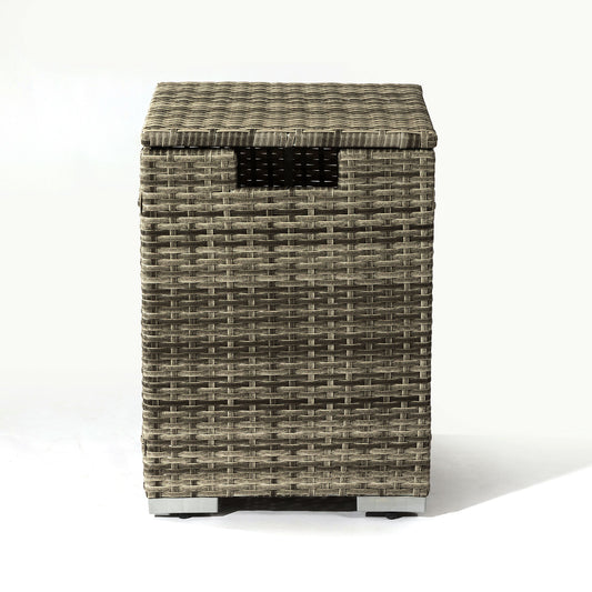 Beige Rattan Fire Pit Table with Tank Holder and Ceramic Tile Tabletop
