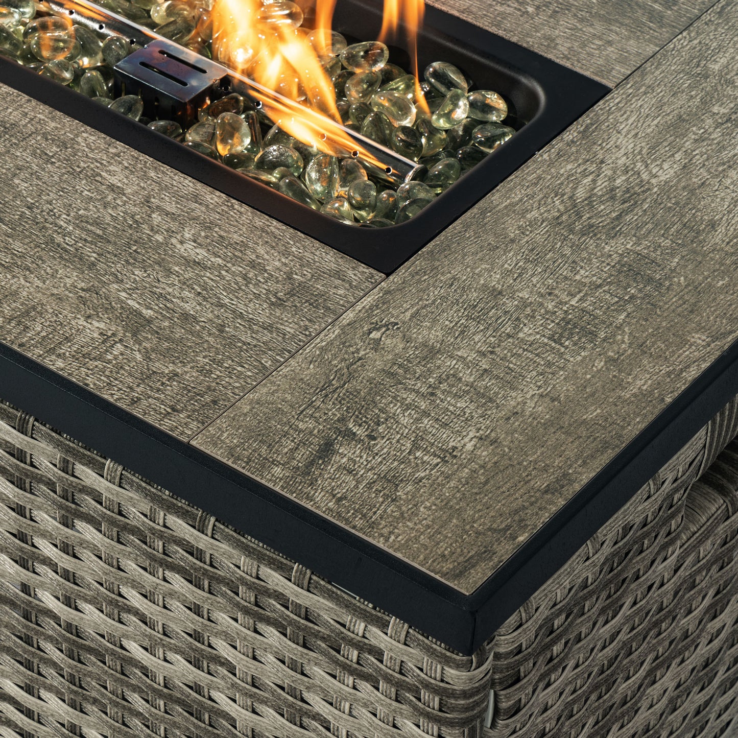 Beige Rattan Fire Pit Table with Tank Holder and Ceramic Tile Tabletop