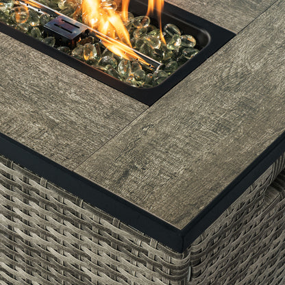 Beige Rattan Fire Pit Table with Tank Holder and Ceramic Tile Tabletop