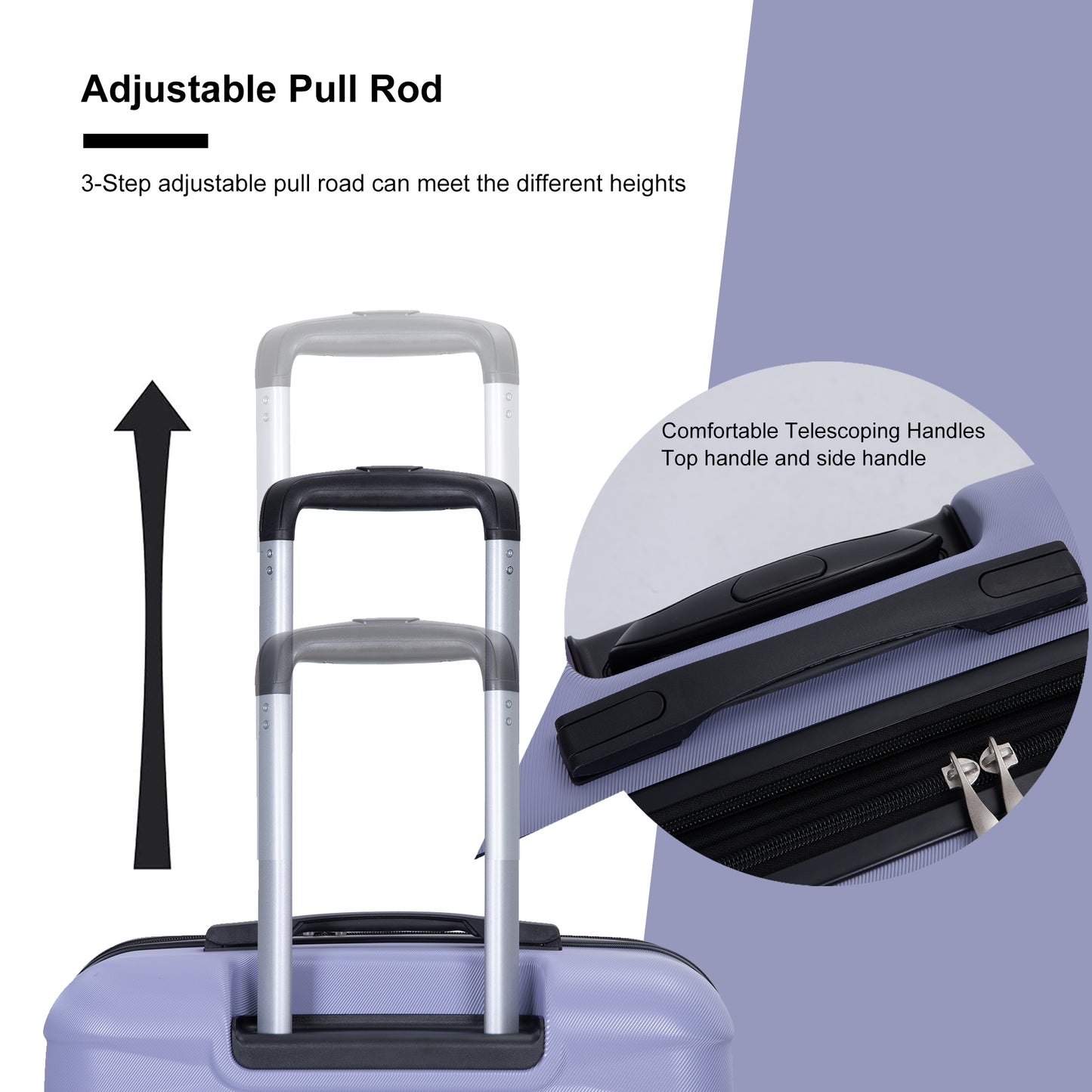 Luggage set of 5 pieces, expandable hard PC luggage set with TSA lock for rotating wheels, lightweight rolling luggage for men and women, Light Purple