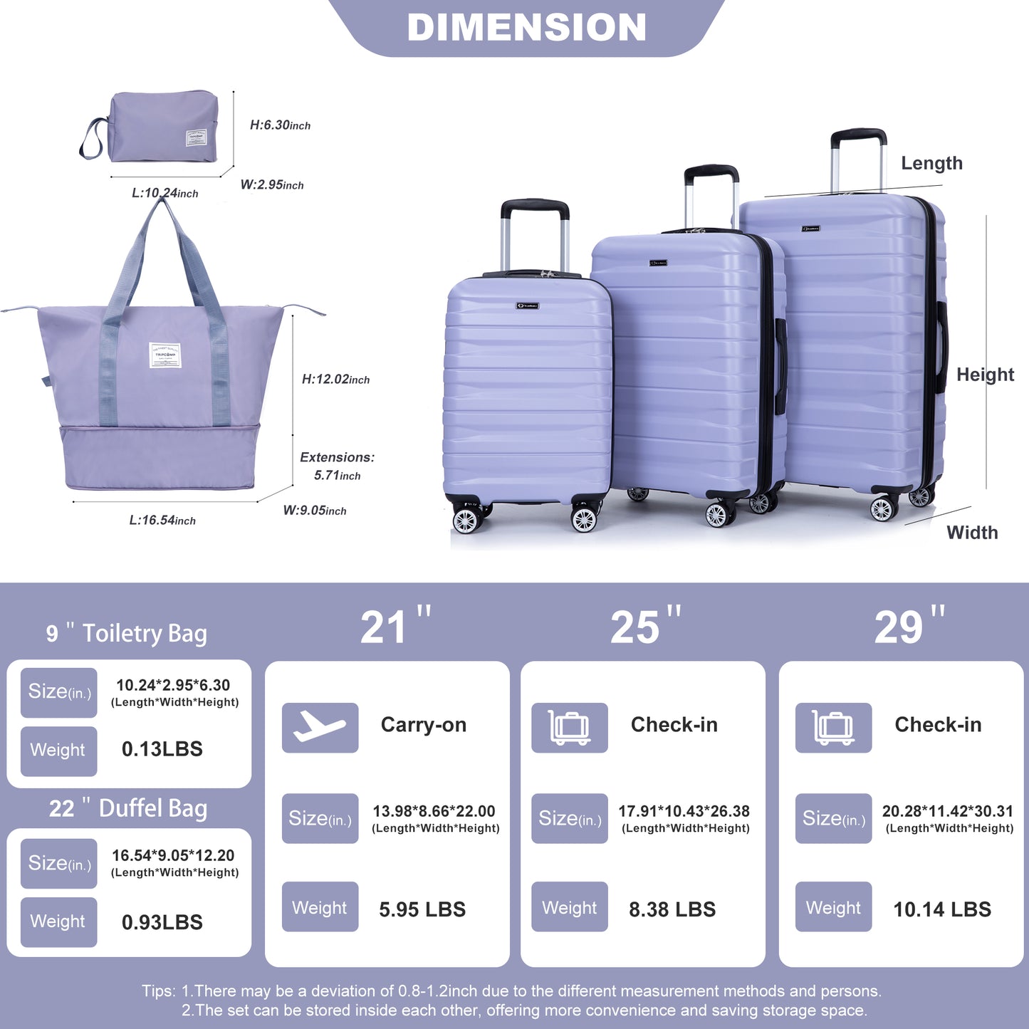 Luggage set of 5 pieces, expandable hard PC luggage set with TSA lock for rotating wheels, lightweight rolling luggage for men and women, Light Purple