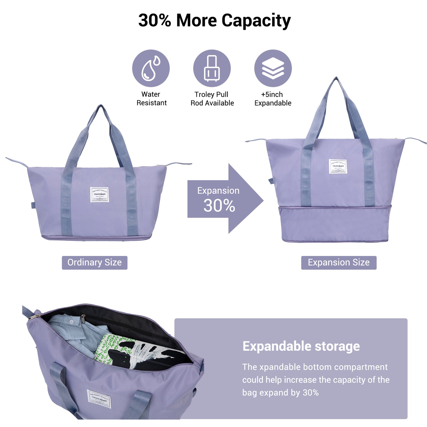 Luggage set of 5 pieces, expandable hard PC luggage set with TSA lock for rotating wheels, lightweight rolling luggage for men and women, Light Purple