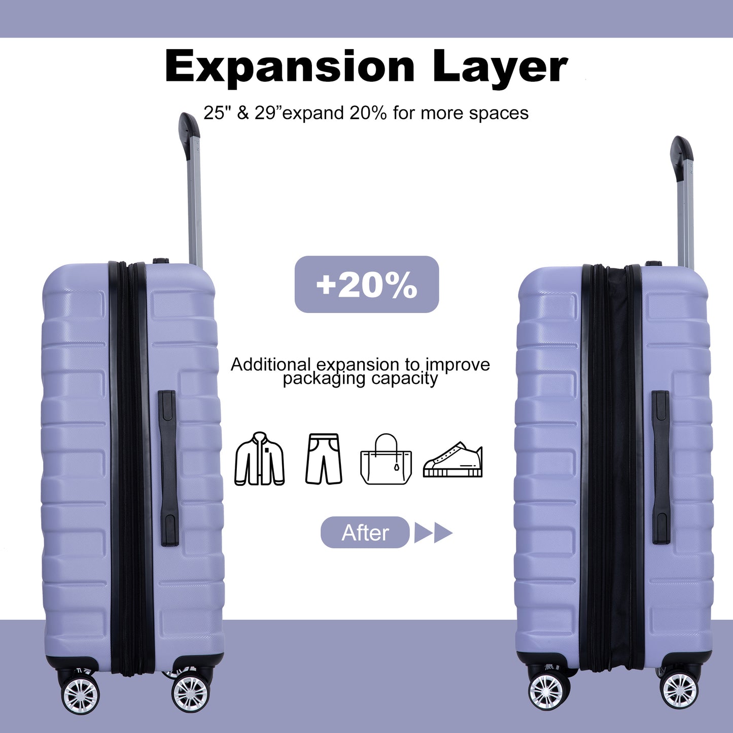 Luggage set of 5 pieces, expandable hard PC luggage set with TSA lock for rotating wheels, lightweight rolling luggage for men and women, Light Purple